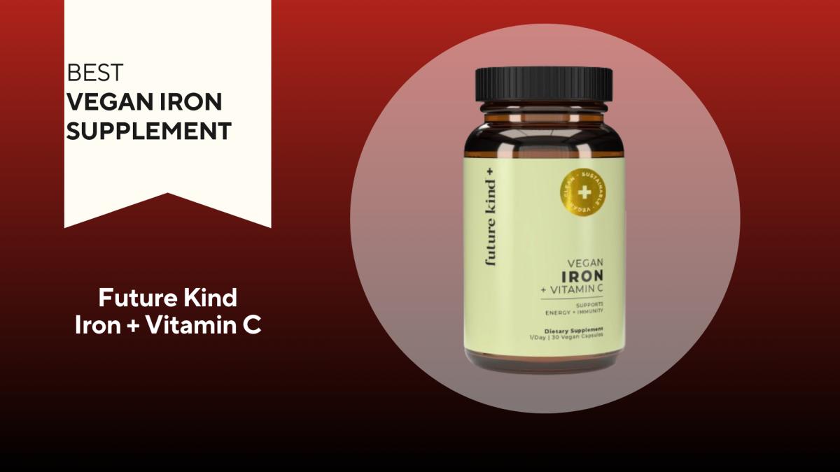 A red background with a white banner that says, "Best Vegan Iron Supplement" next to an amber and light green container that says Future Kind Vegan Iron + Vitamin C in black font